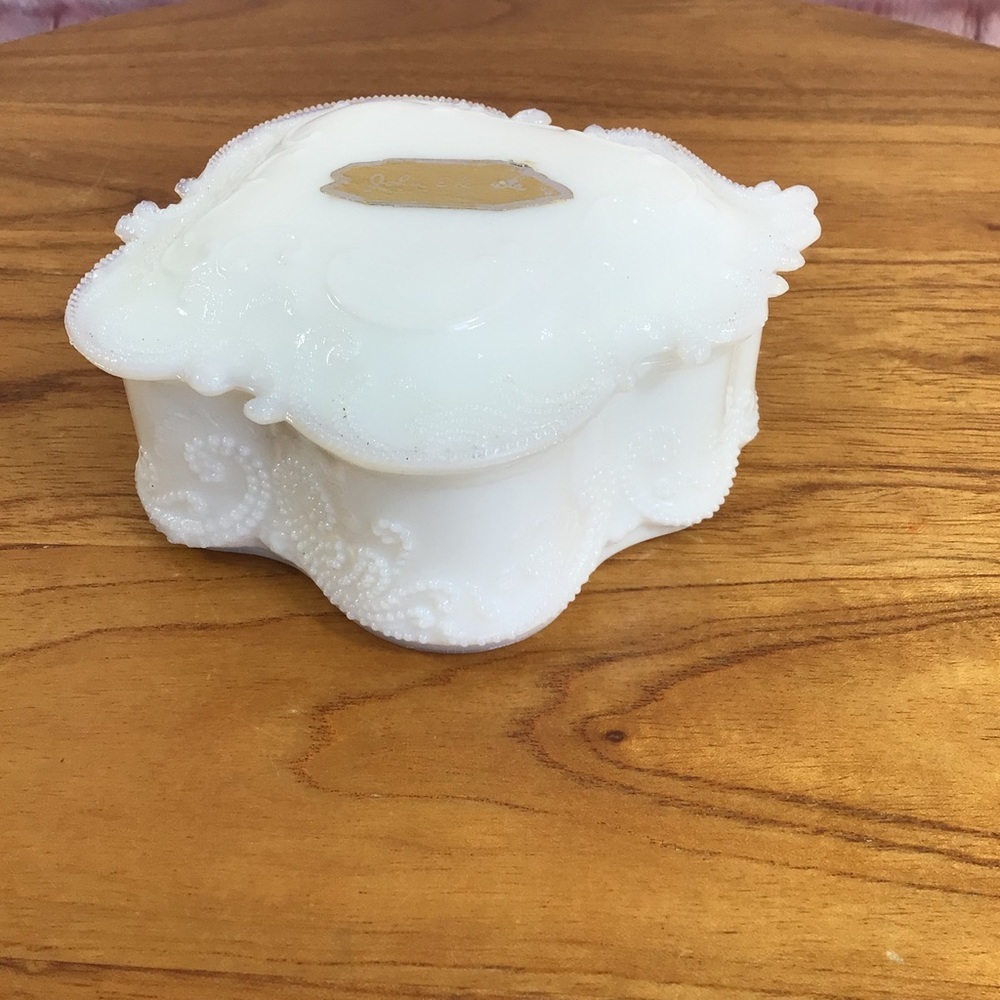 Vintage John E. Kemper White Milk Glass Covered Trinket Dish